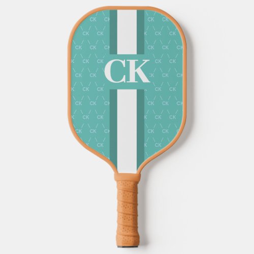 Modern Stripe Monogram w Designer Pattern Blue Pickleball Paddle