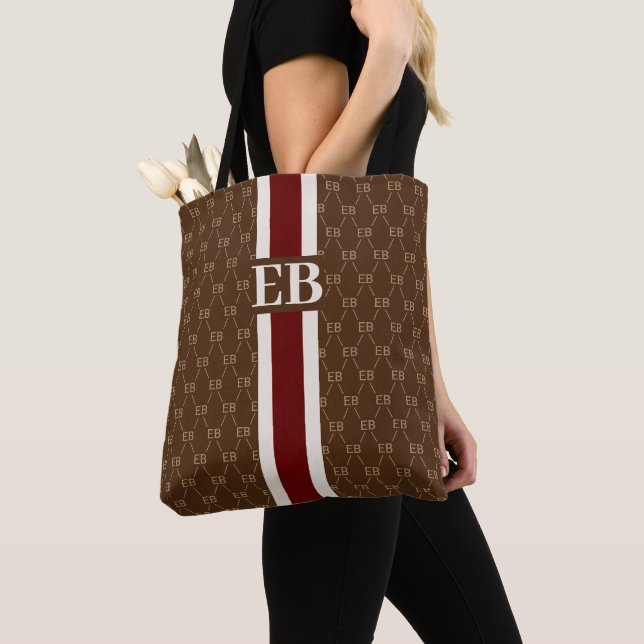 Modern Stripe Monogram w/ Designer Pattern Tote Bag (Close Up)