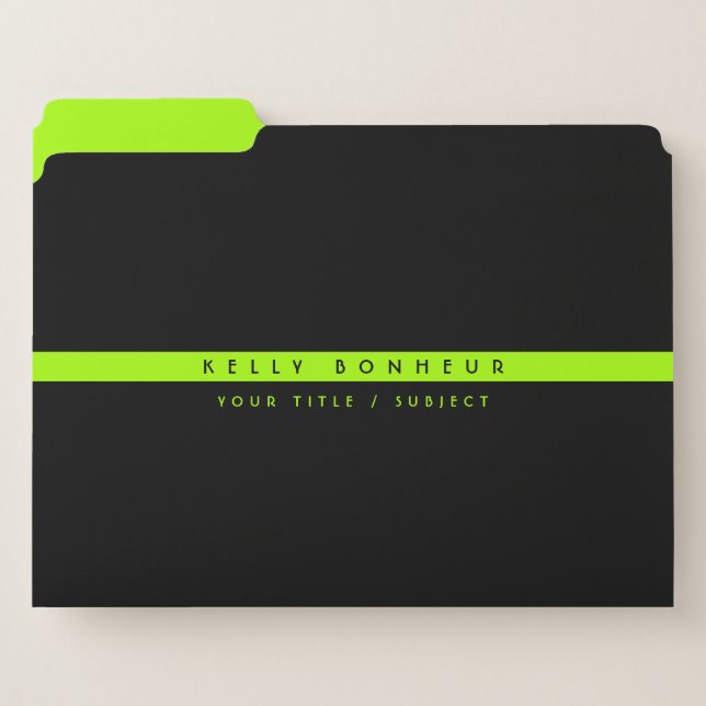 Modern Stripe Name & Info | Black & Bright Lime File Folder (Front Left)