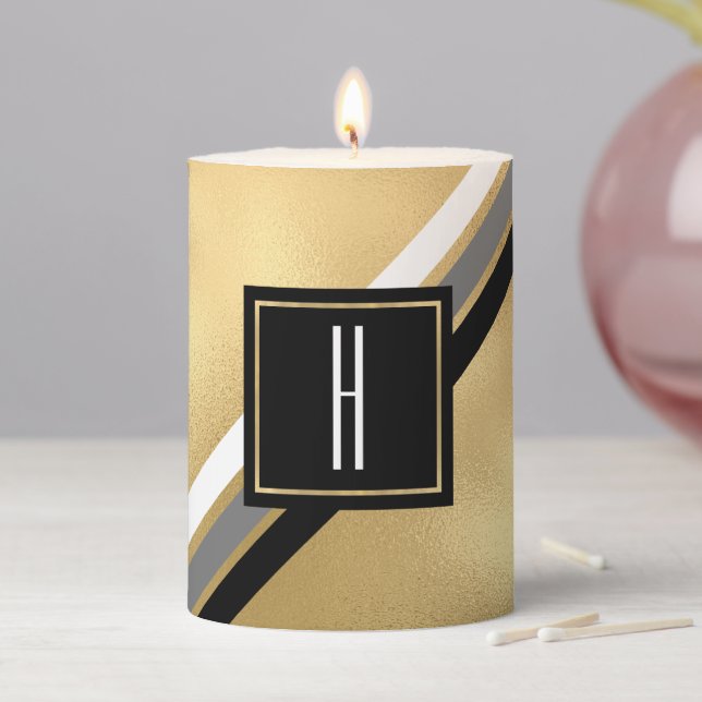 Modern Stripe on Gold Monogrammed Pillar Candle (In Situ)