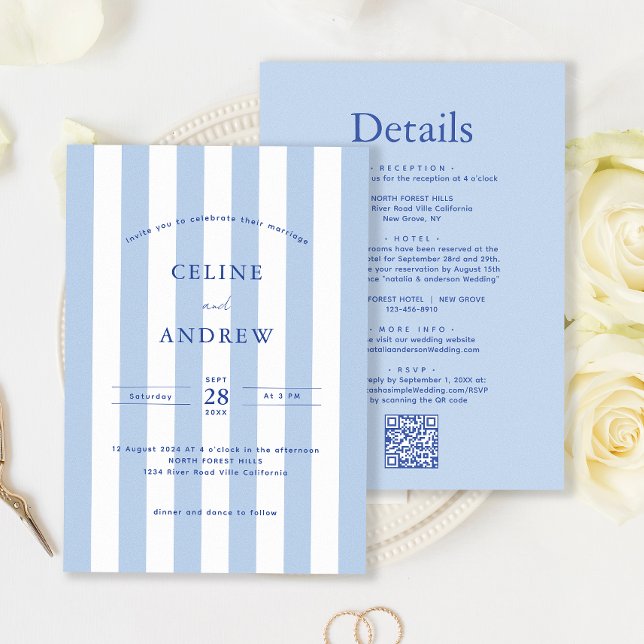 Modern Stripe Pale Blue Wedding Details Qr Code & Invitation (Creator Uploaded)