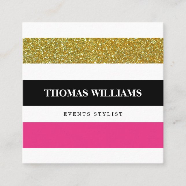 Modern Stripe Pattern colorful gold glitter Square Business Card (Front)