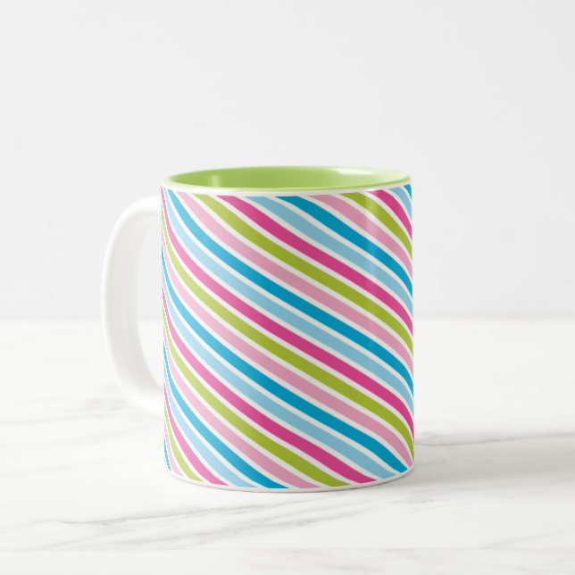 MODERN STRIPE PATTERN festive pink blue green Two-Tone Coffee Mug (Front Left)
