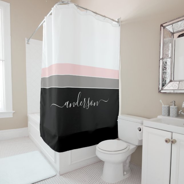 Modern Stripe Personalize Black Pink Shower Curtain (In Situ)