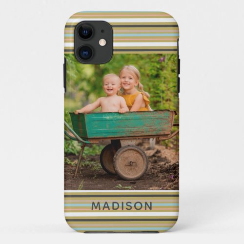 Modern Stripe Personalized Name Add Your Own Photo iPhone 11 Case