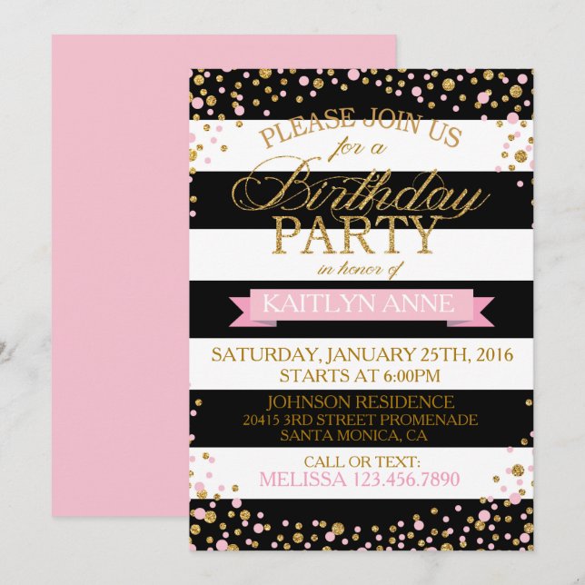Modern Stripe Pink and Gold Glitter Dots Birthday Invitation (Front/Back)