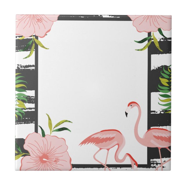 Modern Stripe Pink Flamingo Ceramic Tile (Front)