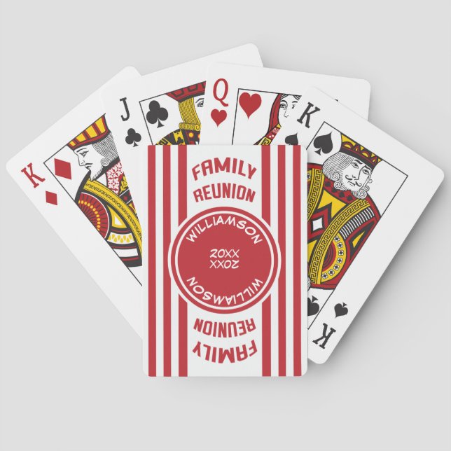 Modern Stripe Red Family Reunion Monogram Poker Cards (Back)