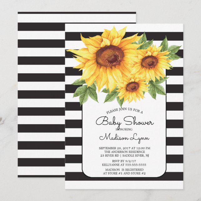 Modern Stripe Sunflower Baby Shower Invitation (Front/Back)
