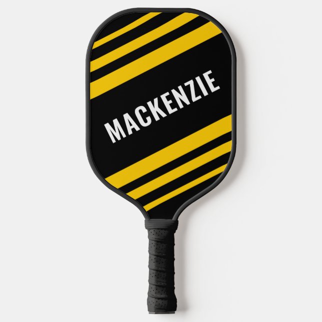 Modern Striped Black Gold Personalized  Pickleball Paddle (Front)