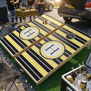 Modern Striped Black Yellow & White Monogram Cornhole Set
