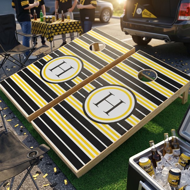 Modern Striped Black Yellow & White Monogram Cornhole Set (Creator Uploaded)