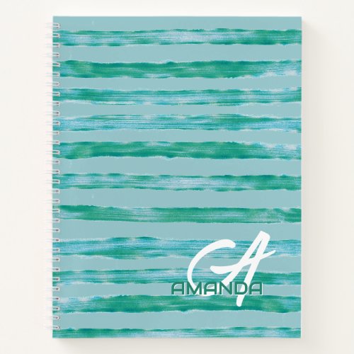 Modern Striped Blue Green Brush Strokes Monogram  Notebook