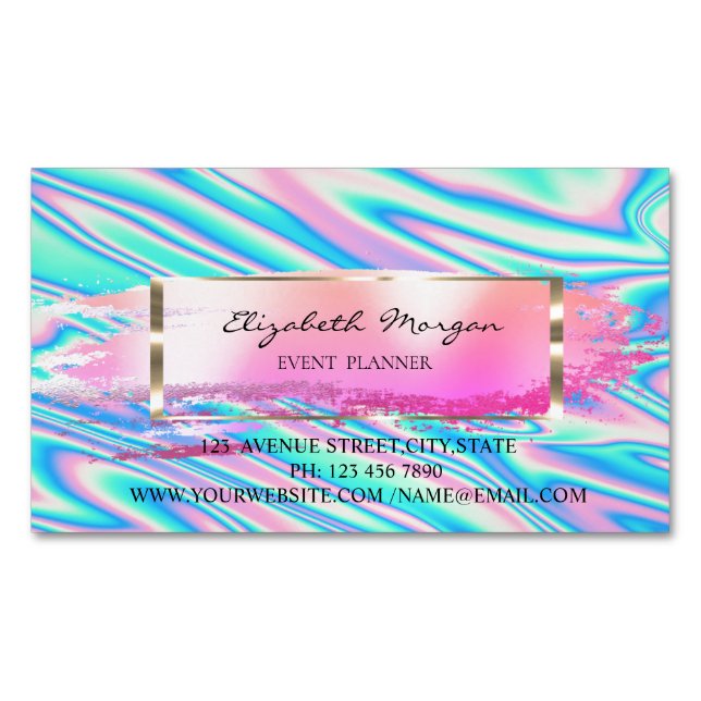 Modern Striped,Brush Stroke,Gold Frame Holographic Business Card Magnet (Front)