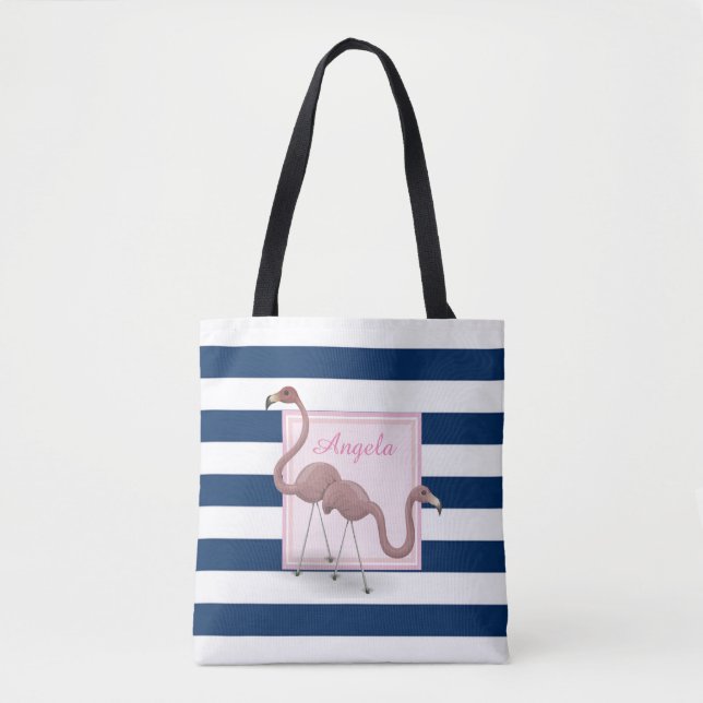 Modern Striped, Cartoon Flamingos -Personalized Tote Bag (Front)
