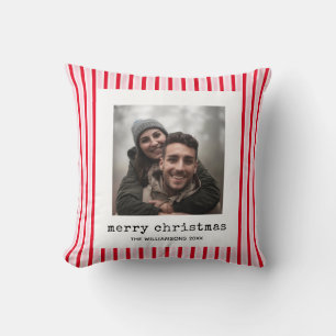 Modern Striped Christmas Couple Photo Throw Pillow