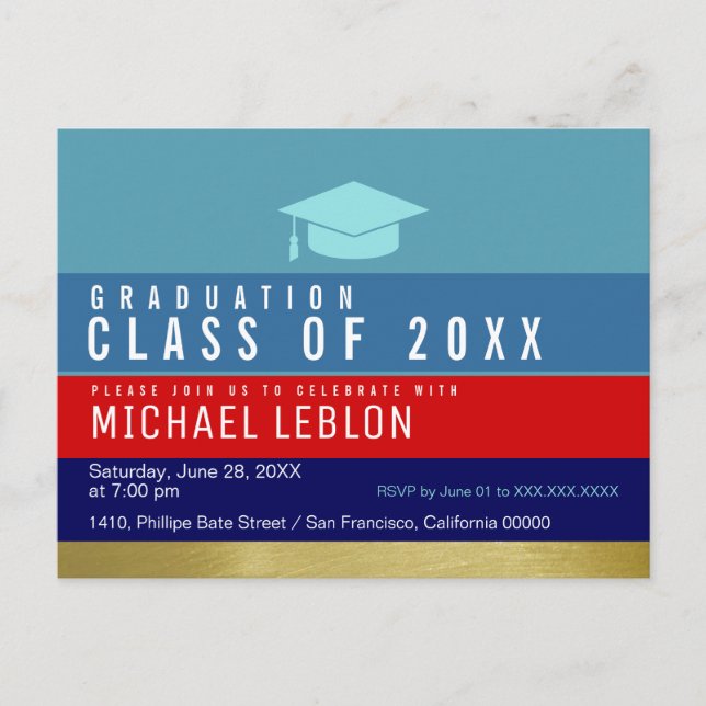 modern, striped & cool graduation . grad party invitation postcard (Front)