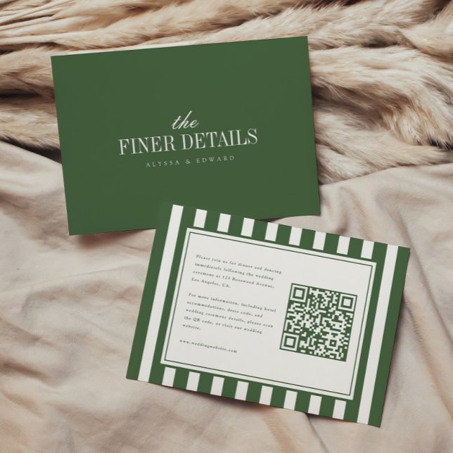 Modern Striped Dark Green QR Code Wedding Website Enclosure Card (Creator Uploaded)