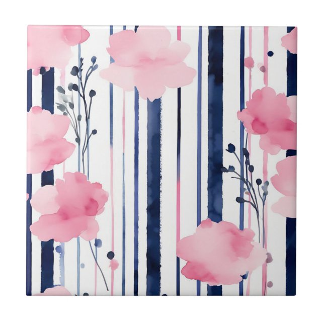Modern Striped Floral Pattern Ceramic Tile (Front)