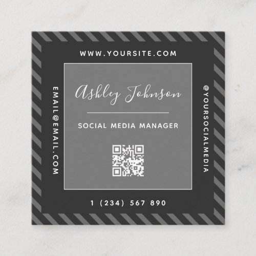 Modern Striped Gray  Black QR Code Social Media Square Business Card