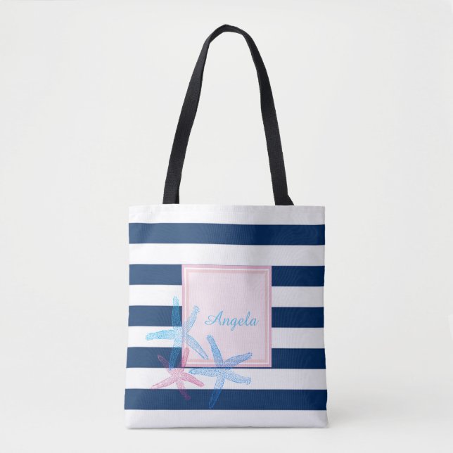 Modern Striped, Hawaii Hibiscus -Personalized Tote Bag (Front)