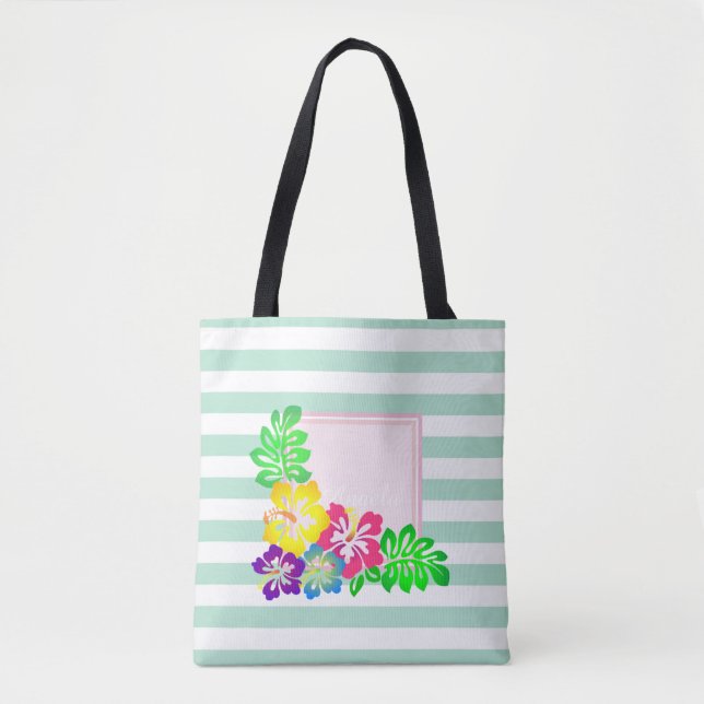 Modern Striped, Hawaii Hibiscus -Personalized Tote Bag (Front)