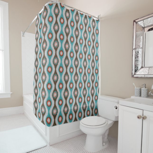 Modern Striped Ikat Pattern - Teal Brown Orange Shower Curtain (In Situ)