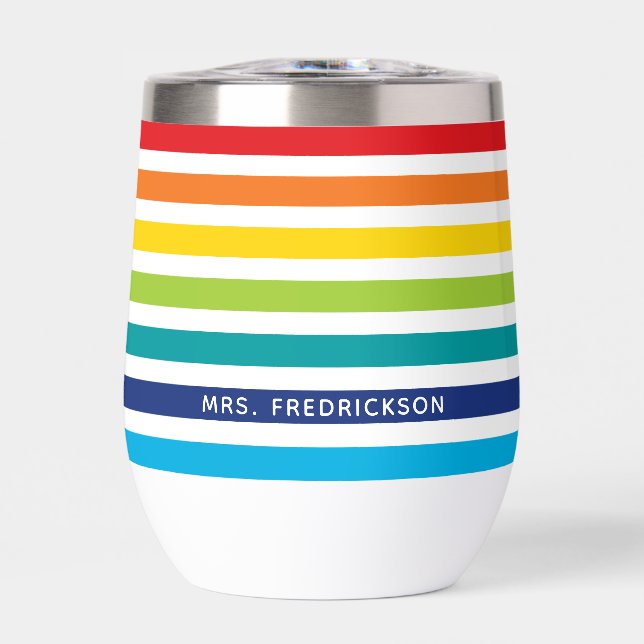 MODERN STRIPED PATTERN stylish rainbow colorful Thermal Wine Tumbler (Front)