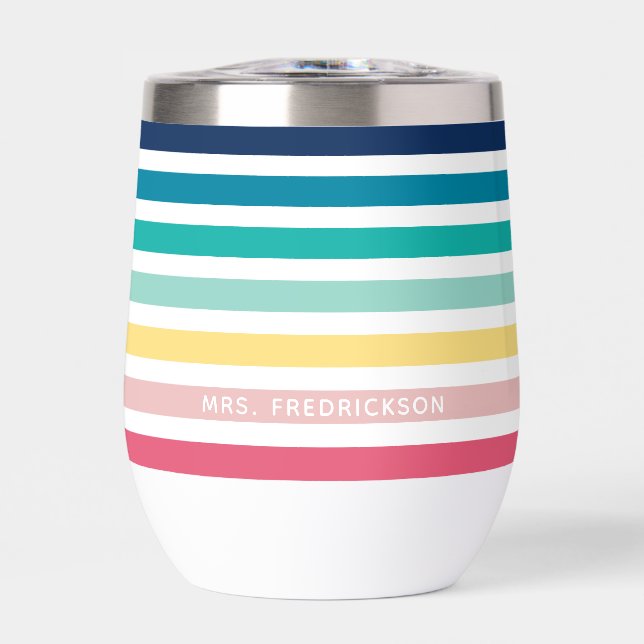 MODERN STRIPED PATTERN stylish rainbow pastel Thermal Wine Tumbler (Front)