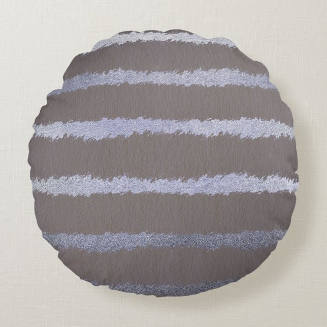 Modern striped silver and gray taupe metallic look round pillow (Front)
