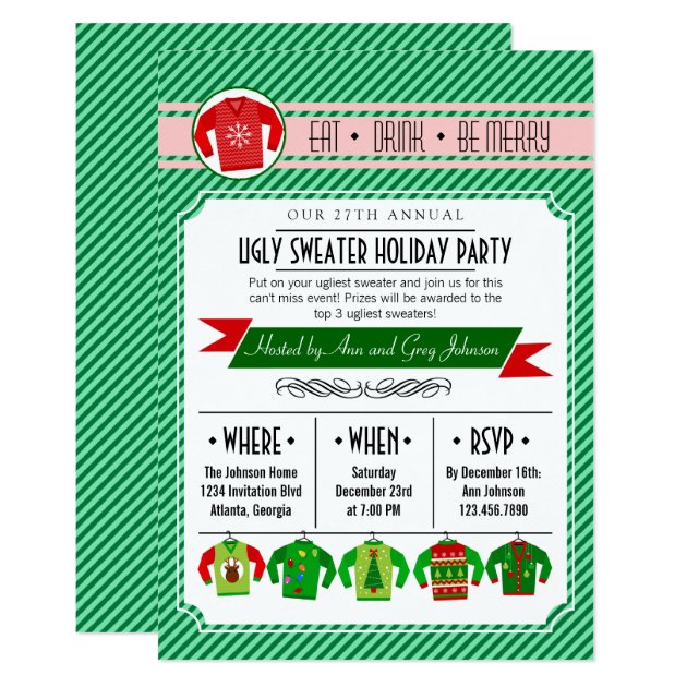 Modern Striped Ugly Sweater Holiday Party Invitation