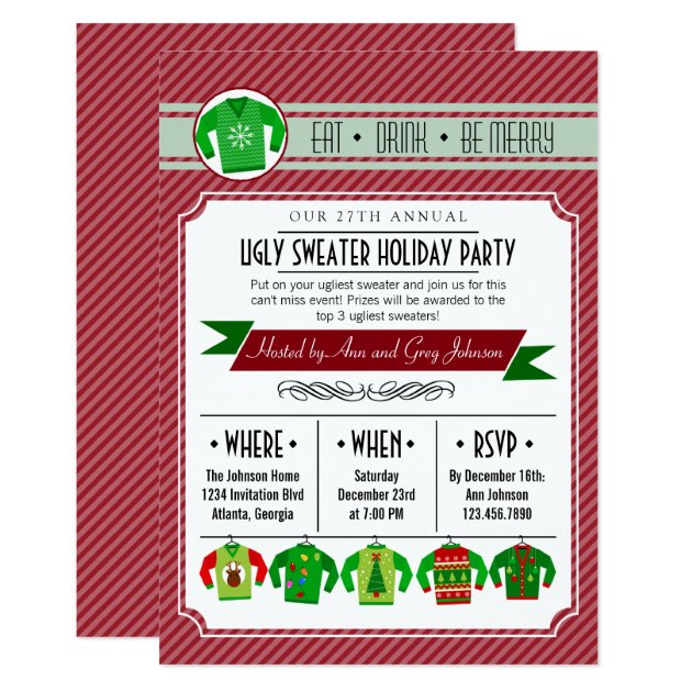 Modern Striped Ugly Sweater Holiday Party Invitation