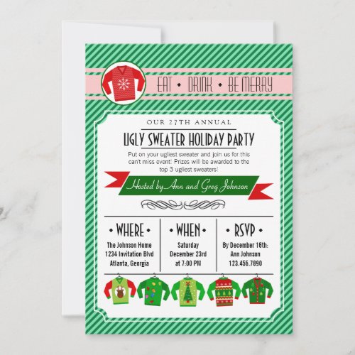 Modern Striped Ugly Sweater Holiday Party Personalized Invite
