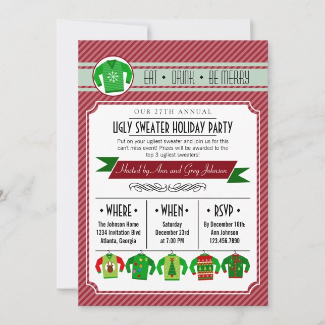 Modern Striped Ugly Sweater Holiday Party Invitation (Front)