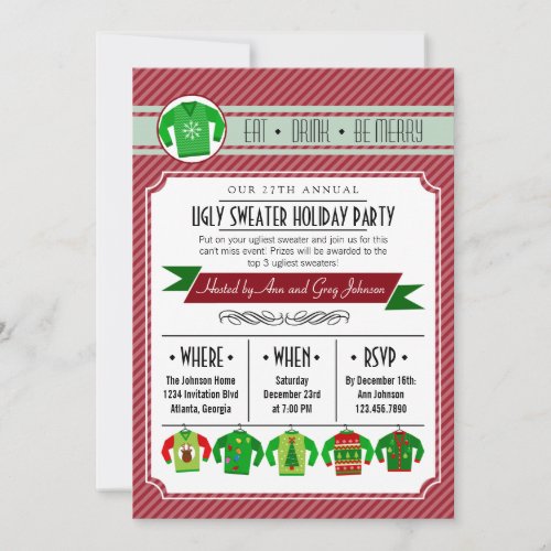 Modern Striped Ugly Sweater Holiday Party Personalized Invites