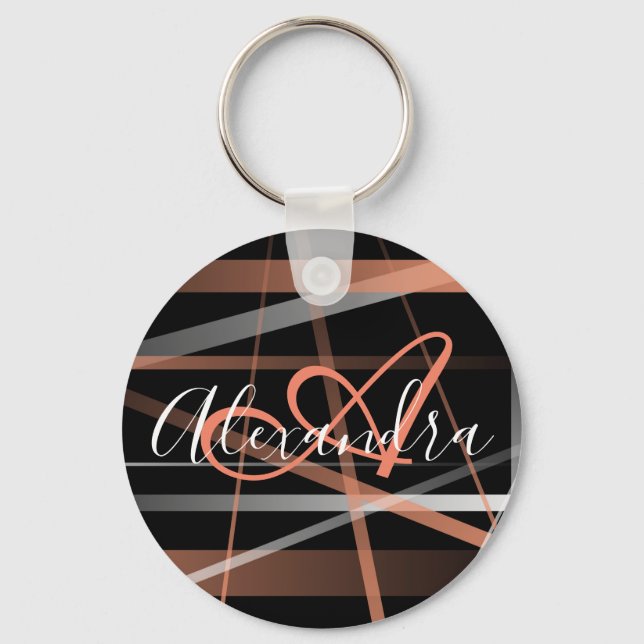 Modern Stripes Abstract Pattern Coral Monogram Keychain (Front)