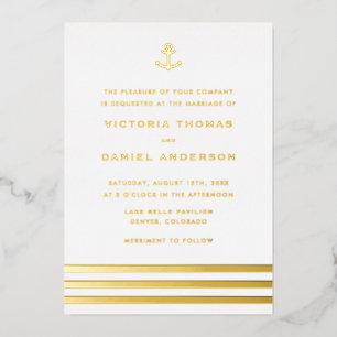 Modern Stripes Anchor Nautical Wedding Foil Invitation