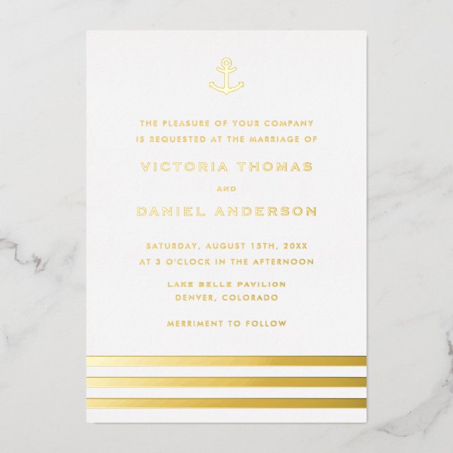 Modern Stripes Anchor Nautical Wedding Foil Invitation (Front)