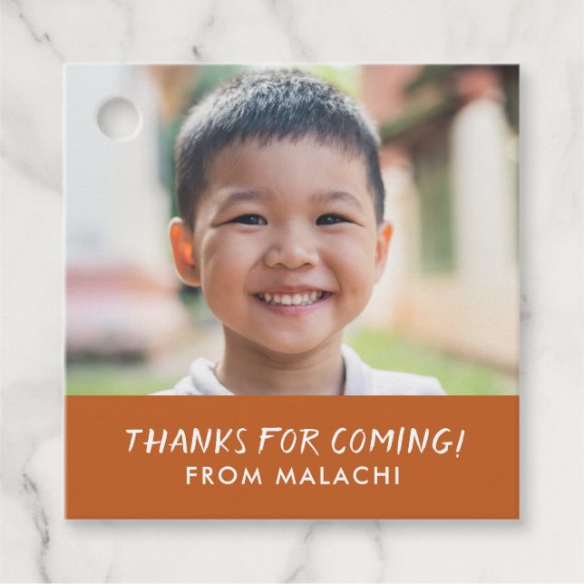 Modern Stripes Birthday Photo Thank You Orange Favor Tags (Front)