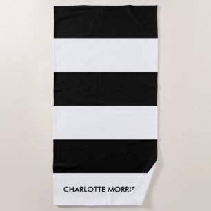 Modern stripes black and white name monogram beach towel