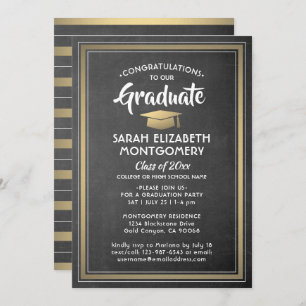 Modern Stripes Black Chalkboard & Gold Graduation Invitation