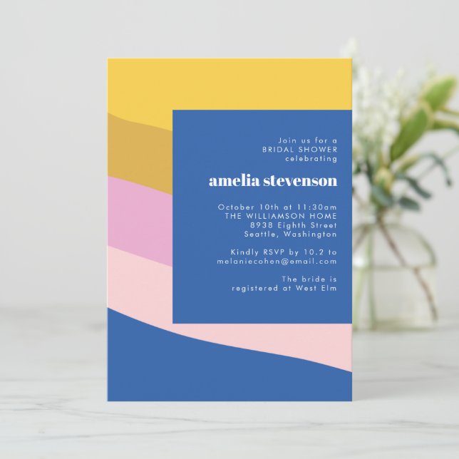 Modern Stripes Blue Yellow Bridal Shower Invitation (Standing Front)