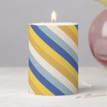 Modern stripes blue yellow gold cream Hanukkah Pillar Candle<br><div class="desc">Modern blue,  light blue,  yellow,  gold,  cream diagonal stripes pattern Hanukkah Pillar Candle.</div>