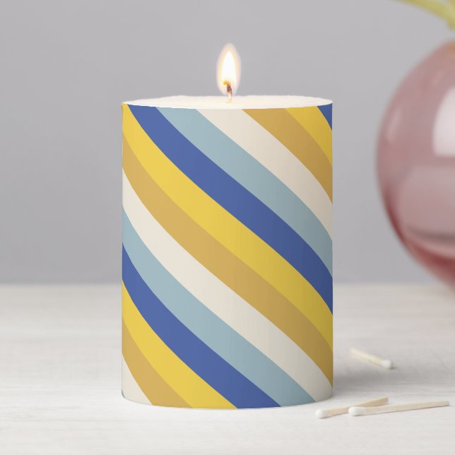Modern stripes blue yellow gold cream Hanukkah Pillar Candle (In Situ)