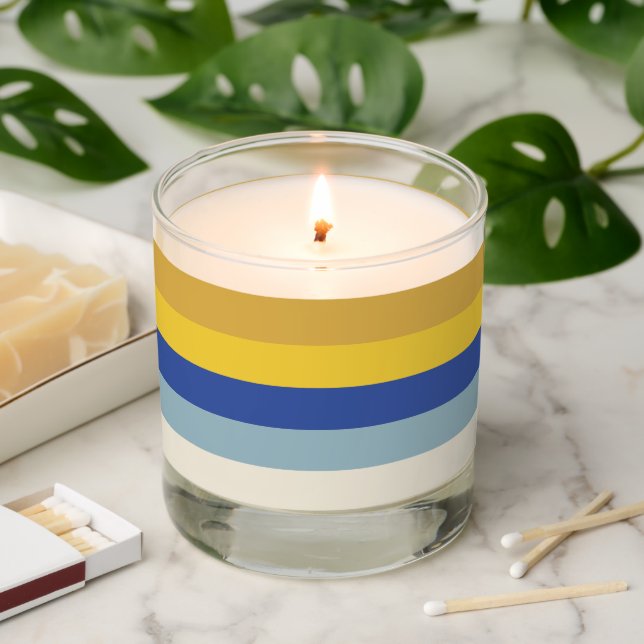 Modern stripes blue yellow gold cream Hanukkah Scented Candle (Lit)