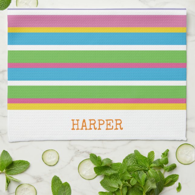Modern Stripes Bright Colors NAME Hip Fun Kitchen Towel (Folded)
