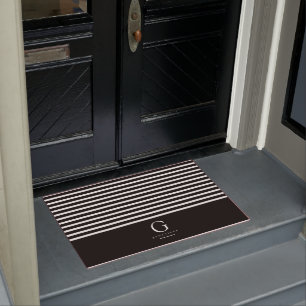 Modern Stripes Chic Monogram Black White Doormat
