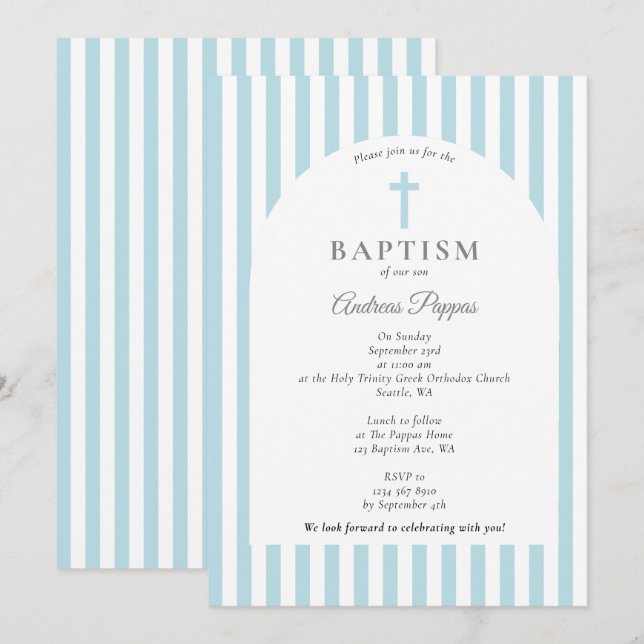 Modern Stripes Christening Baptism Dusty Blue Boy Invitation (Front/Back)