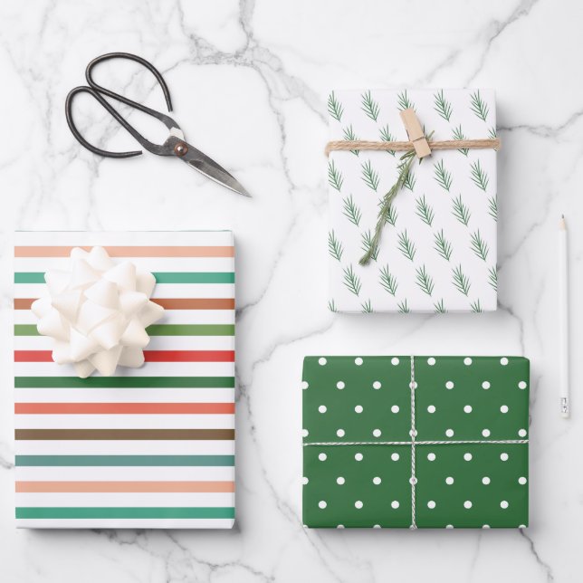 Modern Stripes Dots and Pine Christmas Holiday Wrapping Paper Sheets (Front)