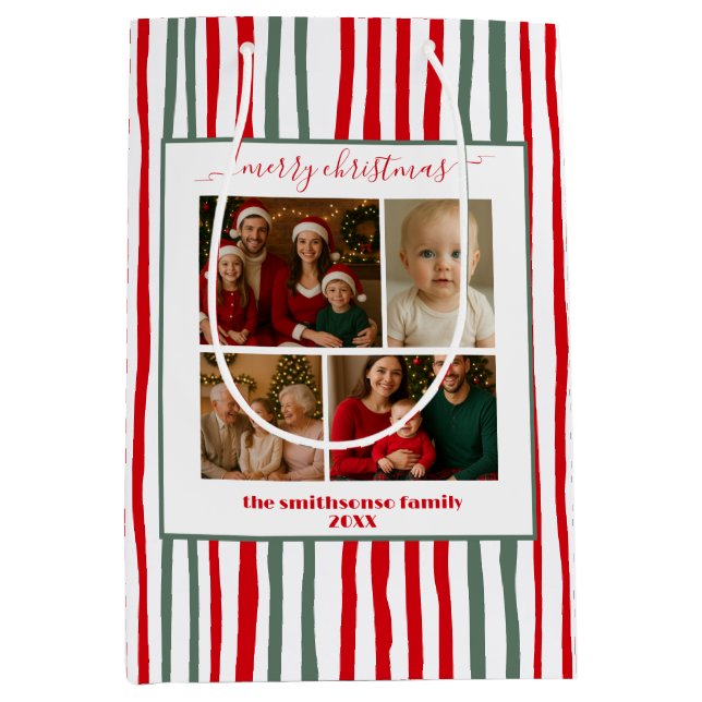 Modern Stripes family Photo merry Christmas Medium Gift Bag (Front)